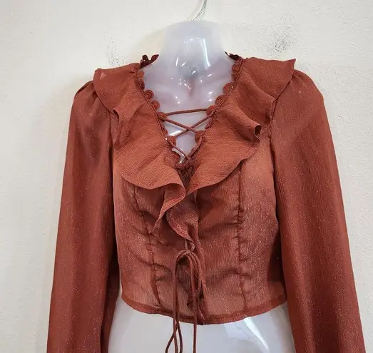 Milk & Honey Glitter Lace Up Ruffle Peasant Blouse Rust Red Side Zip Size Small Brown