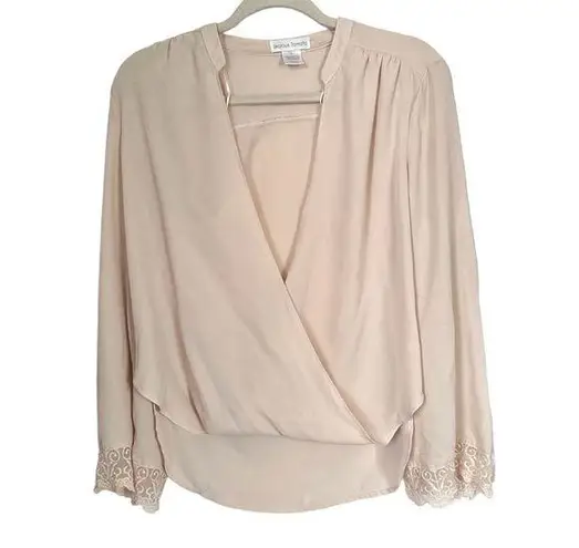 Jealous Tomato Women’s Sz S Beige Career Top Lace Sleeve Semi Sheer Blouse