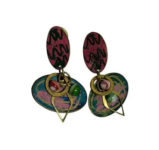 Vintage 1970s Earrings Teardrop Dangle Drop Pink Green Gold Boho Abstract Earrin