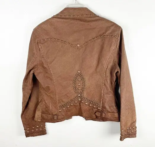 CRIPPLE CREEK Brown 100% Genuine Leather Studded Zipper Pockets Moto Jacket Size M