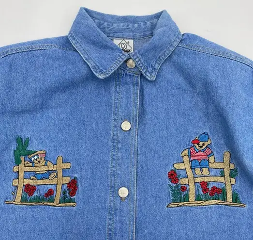 Vintage 90s Teddy Bear Shirt Women’s Denim Button