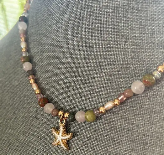 Handmade Freshwater Pearl + Rose Quartz + Unakite + Jasper Beaded Necklace