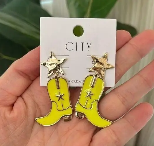 NWT City Yellow Cowboy Boot and Star Large Dangle Earrings