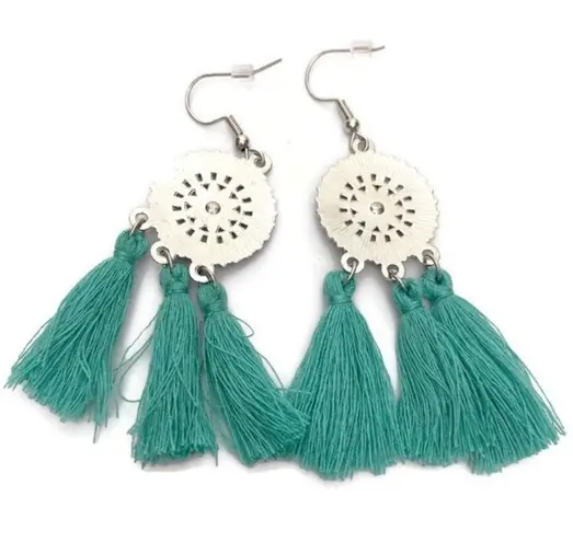 Teal Round Tassel Drop Earrings Green