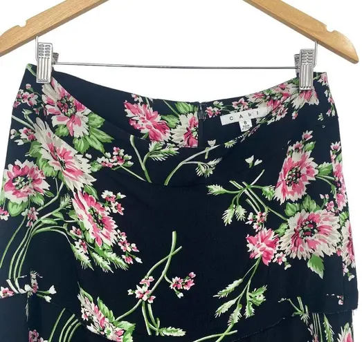 CAbi  Flowy High Waisted Midi Skirt Floral Print Black Pink Rayon Womens 8