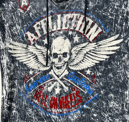 Affliction Lace Up Burnout Velvet Grunge Skull Print Fitted Short Sleeve T-Shirt