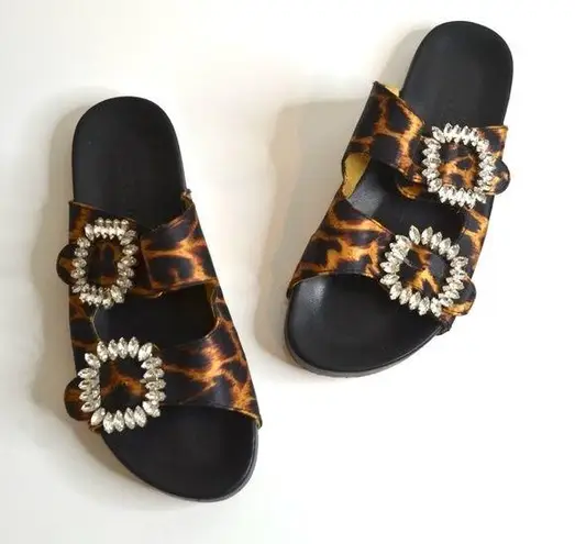 Mystique Boutique Mystique Crystal Jeweled Slide Sandals Cheetah Print Tan Black Women's 7