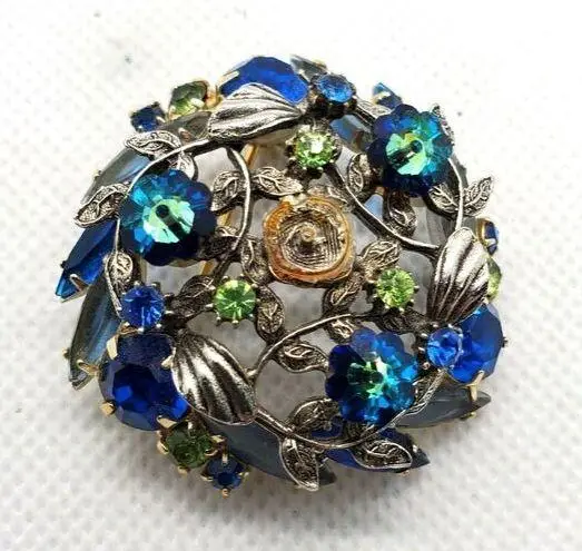 Vintage Blue , Green, & Silver Floral Brooch