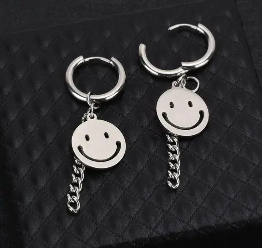 Titanium Steel Smiley Face Dangle Drop Earrings for Men Women Silver
