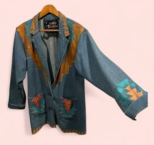 Vintage funky 80’s hand painted jeweled oversized southwestern boho denim blazer Tan Size L