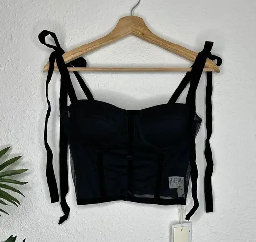 Commense Sheer Mesh Panel Velvet Bow Strap Cropped Blouse S NWT