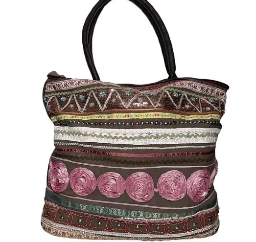 Antik Kraft  Brown Floral Embroidered Sequins Beaded Tapestry Oversized Tote Bag