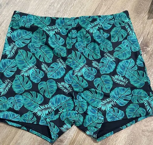 Tropical Leaf Print Women's Swim Shorts Black Size XXL