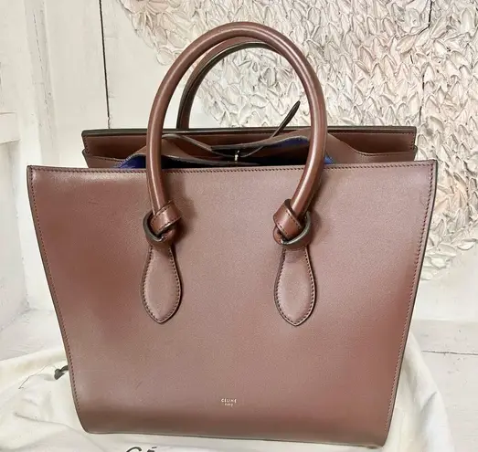 CELINE NWT  Smooth Calfskin Tie Knot Top Handle Tote Handbag Dark Brown Small