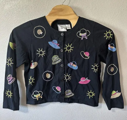 Michael Simon Lite Novelty Embroidered Cardigan Beach Summer Hat Print Cotton XL Black