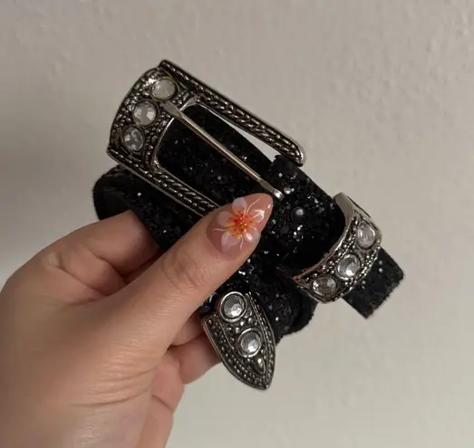 A. BROD Vintage Womens Black Edgy Western Glitter Rhinestone Gem Skinny Belt Size L
