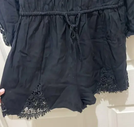 all about eve Black Long Bell Sleeve Wide Neck Crochet Detail Romper Size M
