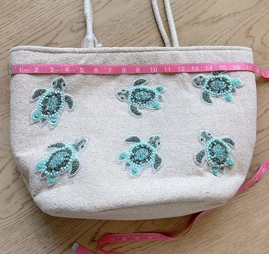 NWT Viral Tik Tok Beaded Sea Turtle Canvas Summer Beach Tote Bag Handcrafted Green