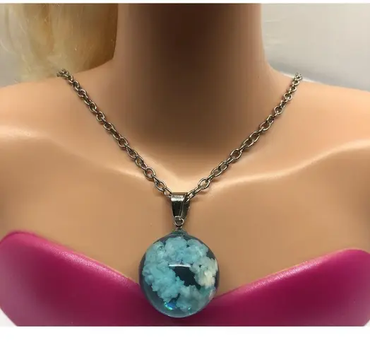 Fashion White Clouds Blue Sky Resin Ball Pendant with 23" Necklace Women Jewelry
