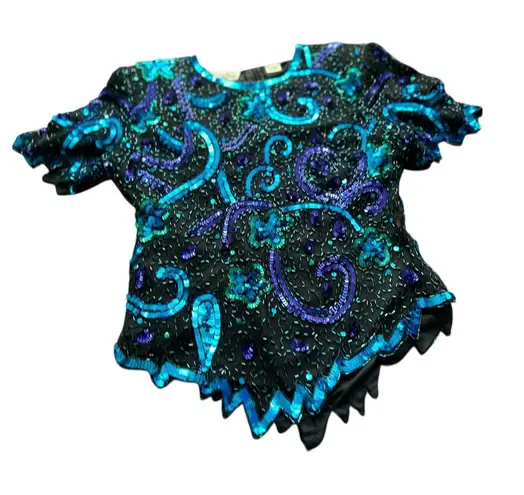 Vintage Lawrence Kazar Beaded Sequin Top Turquoise Purple Embellished Party Black Size L