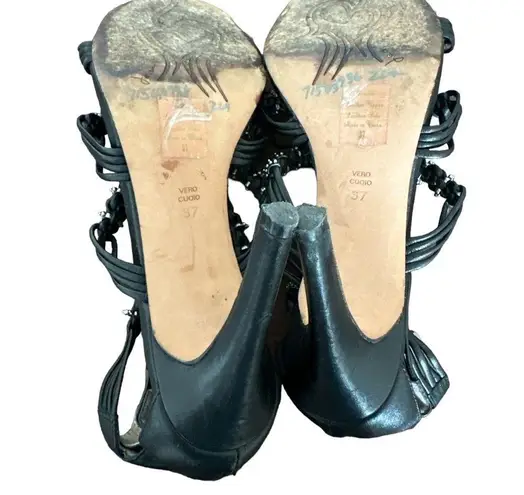 JEAN MICHEL CAZABET GOTH CORINA EMBELLISHED BLACK STRAP HEELED SANDAL CAGE SHOES Size 7