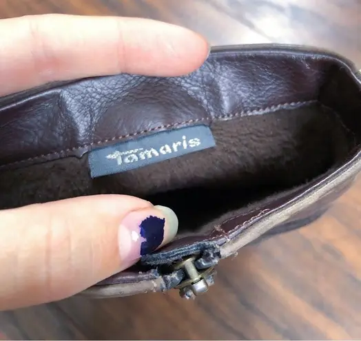 Tamaris • Lizudi ankle boots brown leather booties heeled fleece lined tassel Size 7.5