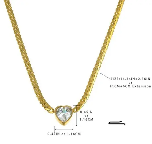 18K Gold Plated snake chain Zircon Heart Necklace Stainless Steel Womens jewelry