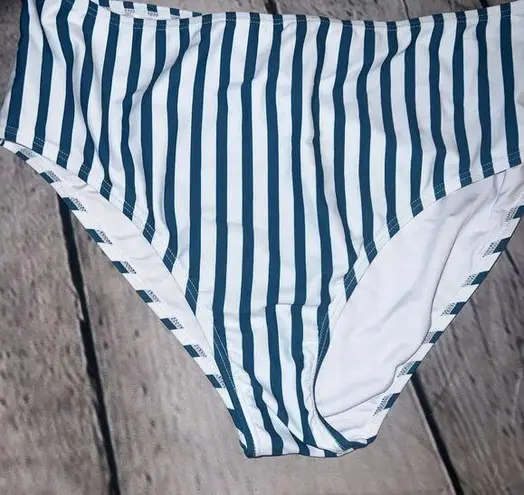 Women's Teal White Striped Bikini Swim Bottom High Waist Med Coverage XL New Blue