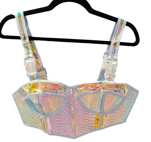 Club Exx Iridescent Snakeskin Corset Top NWT Womens S Festival Rave Holographic Silver