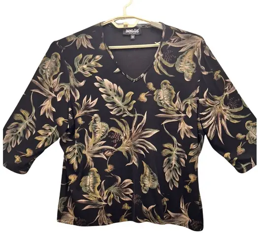 Vintage 90s Top Size 2X Travel Slinky Knit Liquid Mesh Tropical Floral Print Black