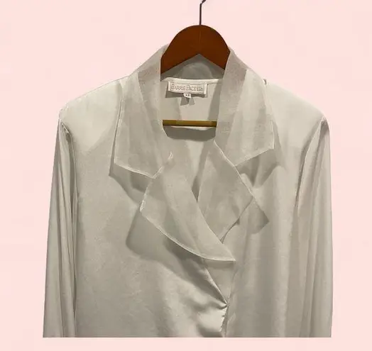 Vintage 80’s semi sheer silky white mesh wide collar flowy blouse wrap button Size 12