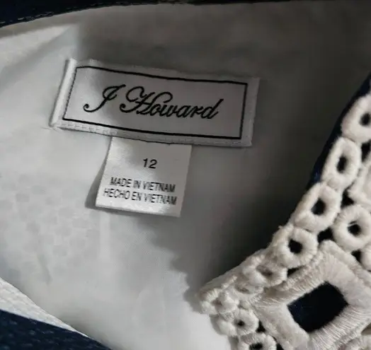 Jessica Howard Navy & White Stripe Crochet Trim Sleeveless Shift Dress Size 12