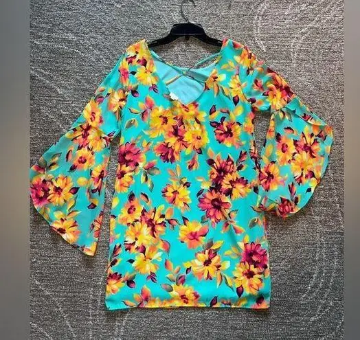 Pink Owl Womens Retro Dress Size Small Hippie Vibrant Floral Dress Flared Sleeves Teal