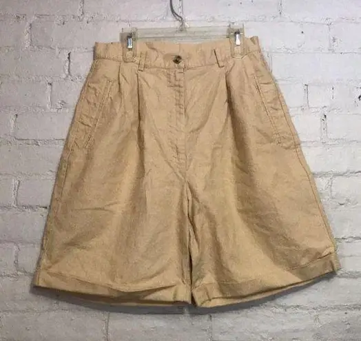 L.L.Bean  8 Vintage 90s Linen Cotton Tan High Waisted Pleated Slit Pocket Shorts