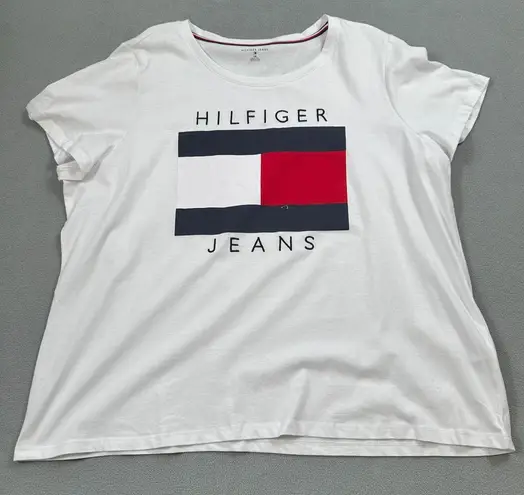 Hilfiger Jeans Shirt 1X Womens White Short Sleeve Logo Graphic Tee Shirt Vintage