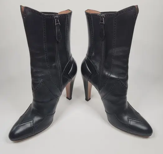 Alaïa Black High Rise Ankle Boots Perforated Trim Leather Size 38.5 Boho Cowboy