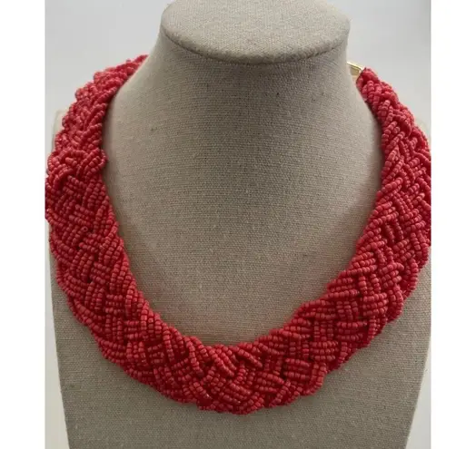 Vintage Red Color Seed Bead Multi strain Braid Beaded Collar Choker Necklace 17”
