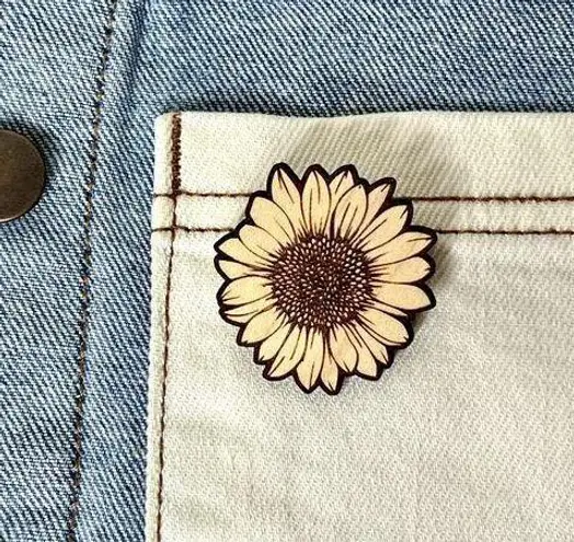 Handmade Engraved Wooden Sunflower Pin Brown