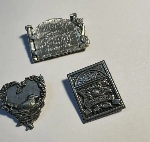 Longaberger Lot Of 3 Pewter Brooch Pins 2 Birds & Blooms 1
