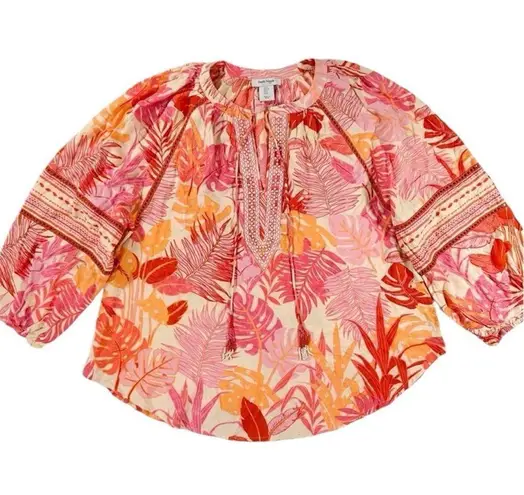 Haute Hippie Size S Tropical Floral Bohemian Peasant Style Blouse With Tassels