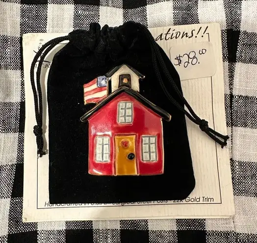 ‘90’s kitschy “old school house” handmade clay pin/brooch with real gold trim Red