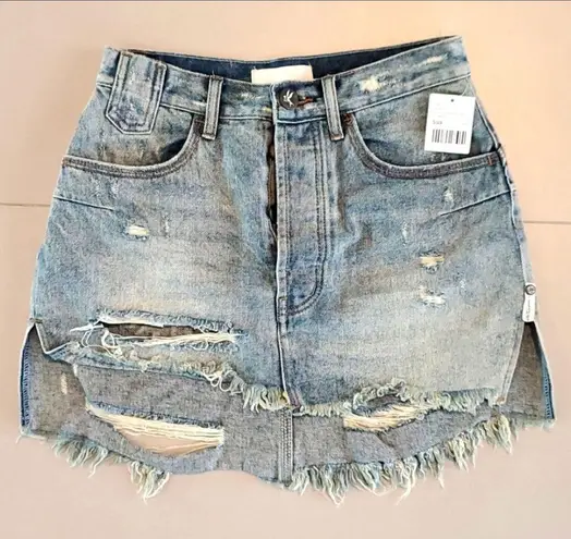 One Teaspoon  High Waist Distressed Denim Mini Skirt Blue Storm