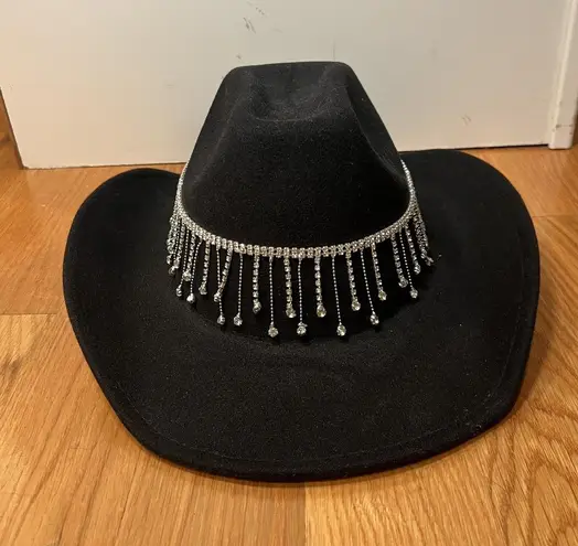 Rhinestone Fringe Hat Cowboy Fitted Womens One Size Black Cowgirl Bling
