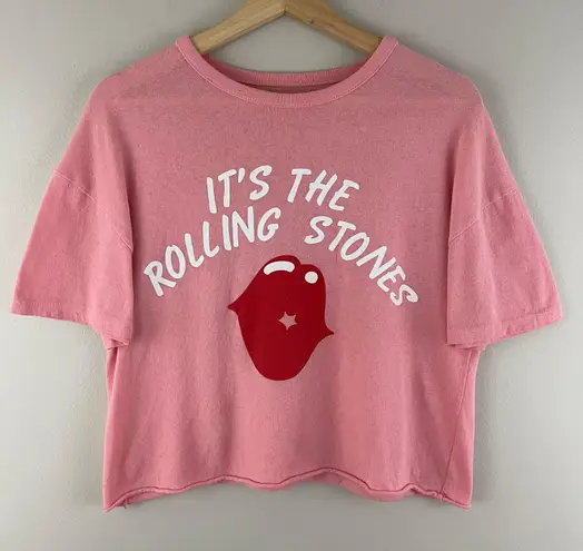 The Rolling Stones Pink White Red Lips Raw Hem Graphic Short Sleeve Band Tee