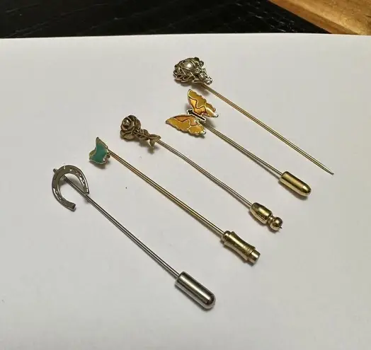 Lot Of 5 Lapel Stick Pins Rose Flower, Butterfly Insect, Horseshoe Etc