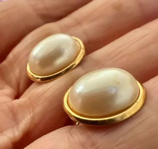 Napier faux pearl oval gold tone clip on earrings