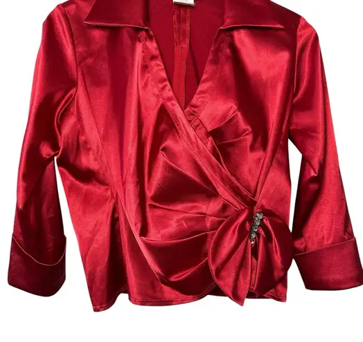 VTG Y2K J.R. Nites Red Satin Wrap Blazer Blouse Rhinestone Bow Evening Top 10P