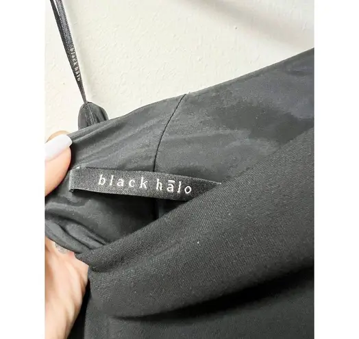 Black Halo One Shoulder Mini Sheath Dress w/ Ruched Chiffon Nude Insert Black 2