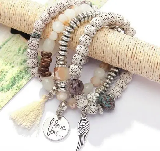 Boho Bead Stretch Stack Gypsy Tassel Bracelets White