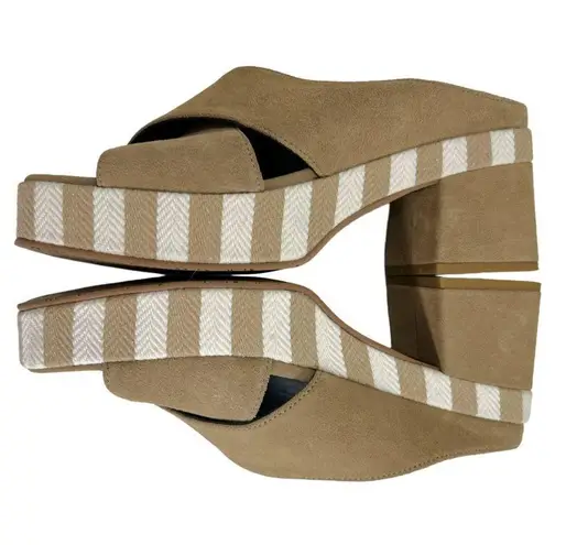 Brenda Zaro Square Toe Tan & White Striped Platform Suede Block Heel Sandals Size 8